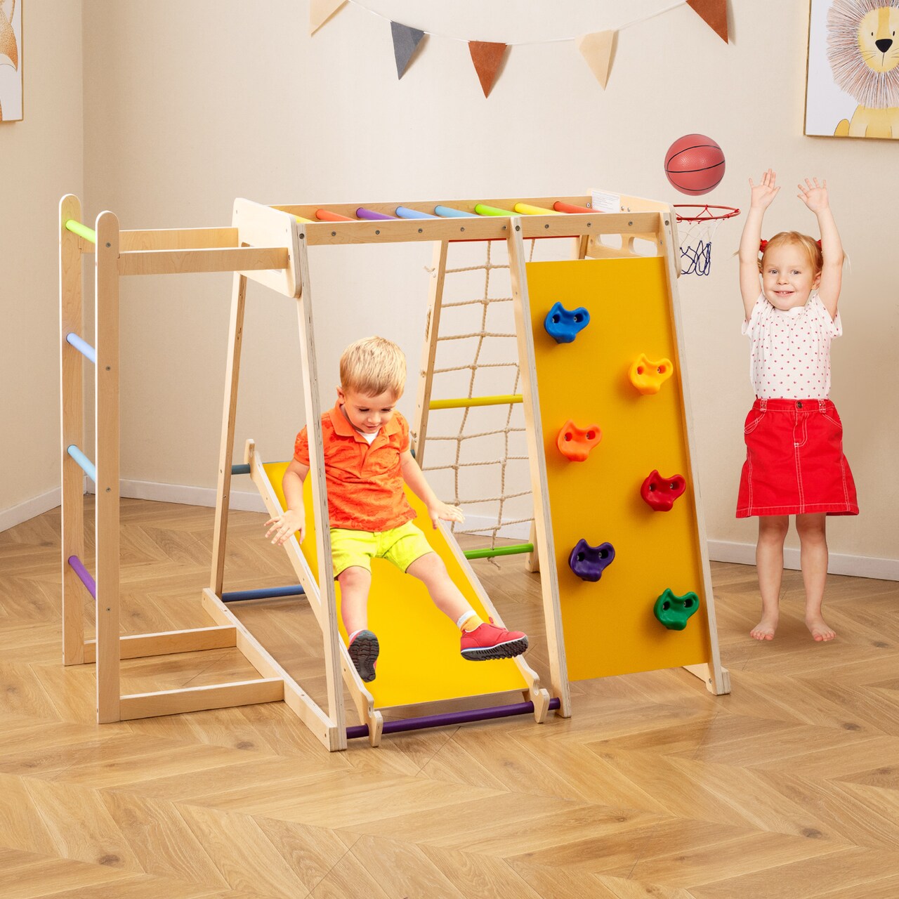 Kids 6-in-1 Indoor Jungle Gym with Slide, Climbing Ramp, and Ball Play for Ages 3-14